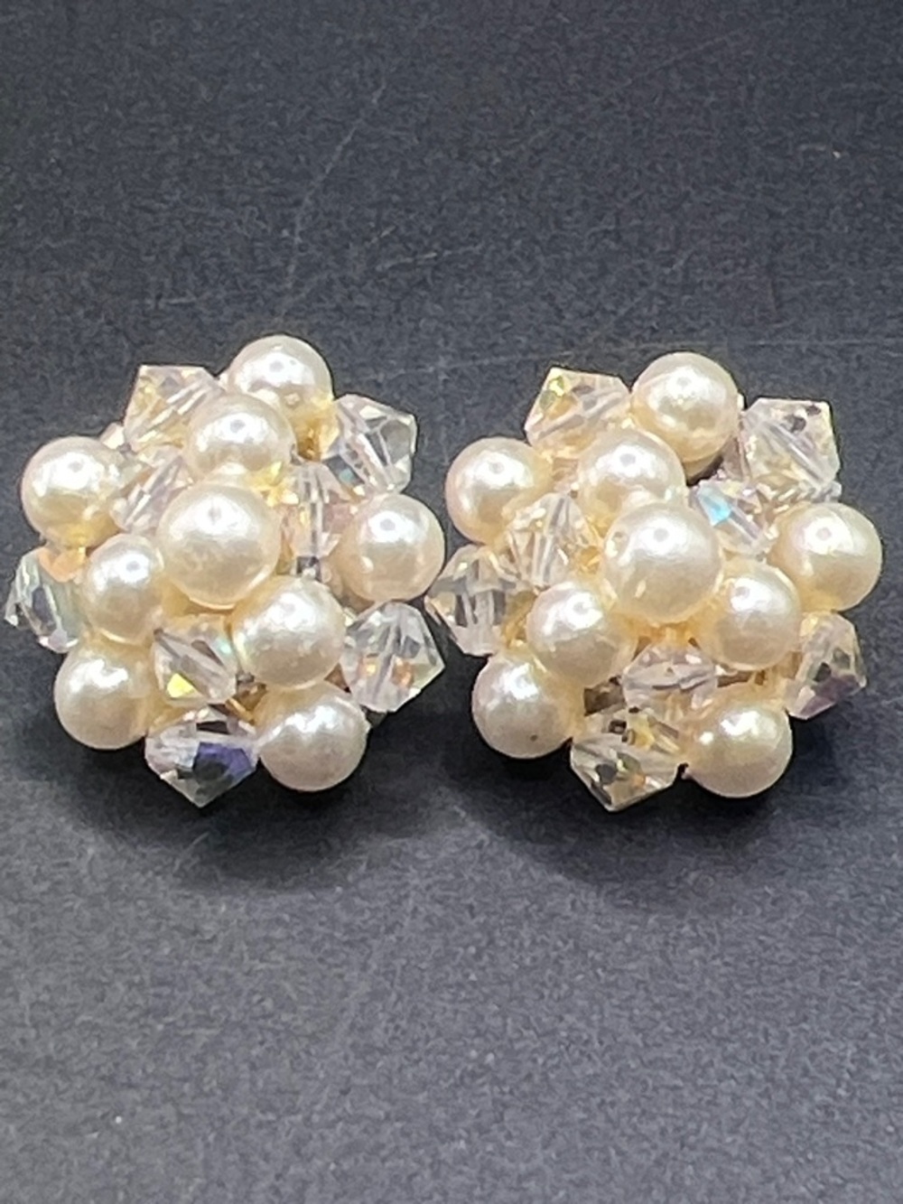 Vintage Pearl Cluster Earrings with Clear Crystal Accents - Ivory